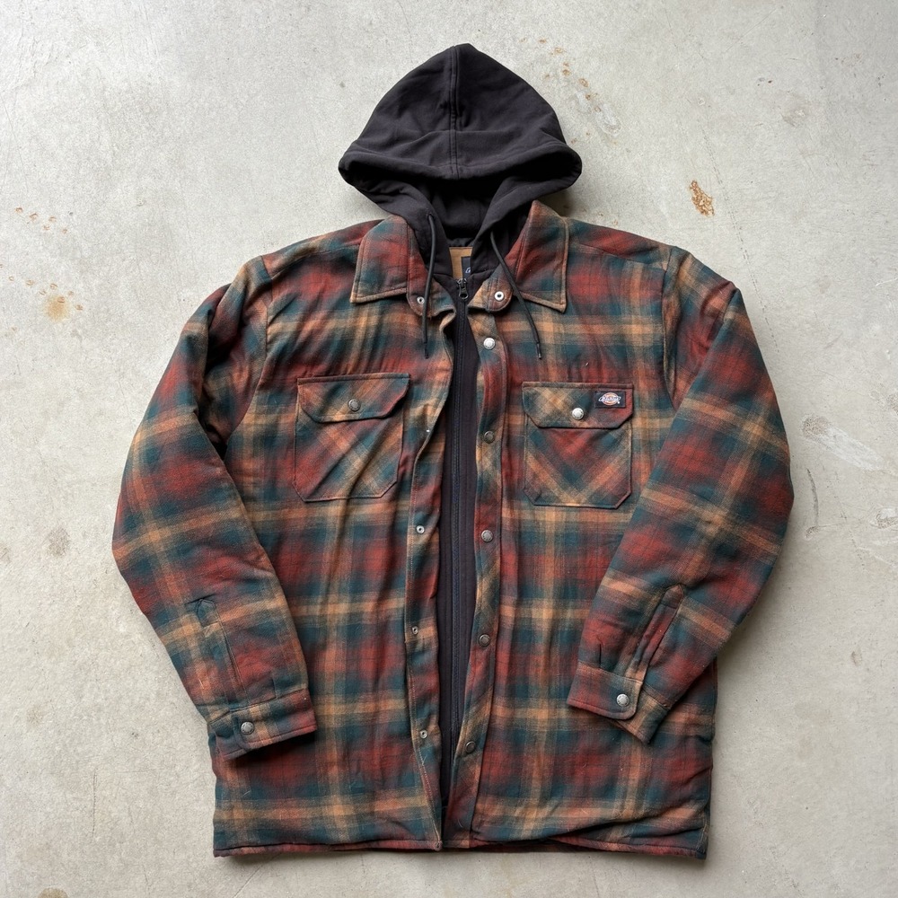 Dickies Hooded Flannel Jacket Size Large Plaid Quilted Zip Front Snap Shirt Coat